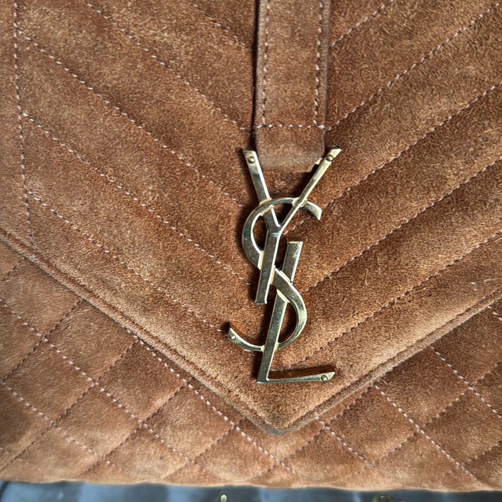YSL Yves Saint Laurent Brown Suede Quilted Medium Envelope Handbag - Picture 3 of 16